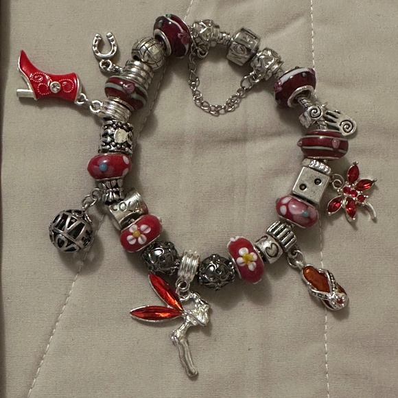 Homemade – NWOT – 925 SS plated charm bracelet, red lamp work beads, red theme - Picture 1 of 10